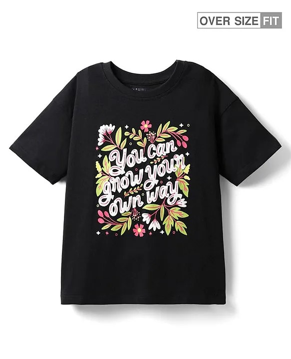 Pine Kids Cotton Knit Half Drop Shoulder Sleeves T-Shirt with Text Print - Black